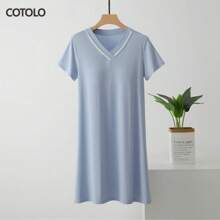 Solid V Neck Sleep Dress - Light Blue - View 2