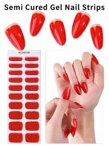 Beauty Sticker 20 件半固化凝胶指甲贴，红色法式指甲贴，可持续使用长达 14 天，防碎，适合女性 DIY 美甲用品 - 紅色 - 查看 1