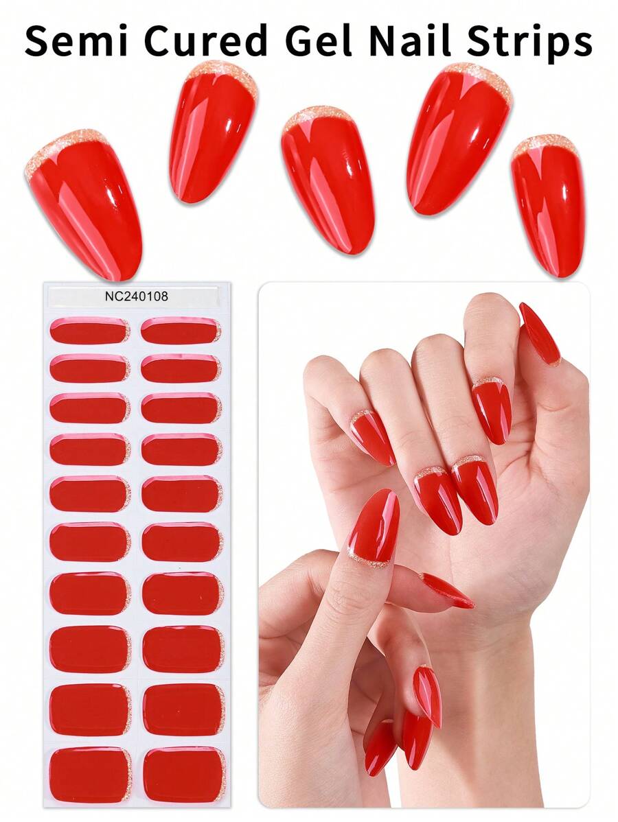 Beauty Sticker 20 件半固化凝胶指甲贴，红色法式指甲贴，可持续使用长达 14 天，防碎，适合女性 DIY 美甲用品 - 紅色 - 查看 1