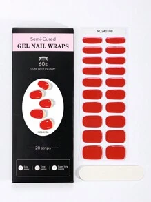 Beauty Sticker 20 件半固化凝胶指甲贴，红色法式指甲贴，可持续使用长达 14 天，防碎，适合女性 DIY 美甲用品 - 紅色 - 查看 4