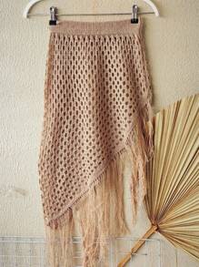 Knitted Beach Cover-Up Skirt With Fringes - 卡其色 - 查看 6