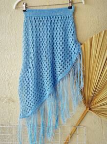 Knitted Beach Cover-Up Skirt With Fringes - 藍色 - 查看 5