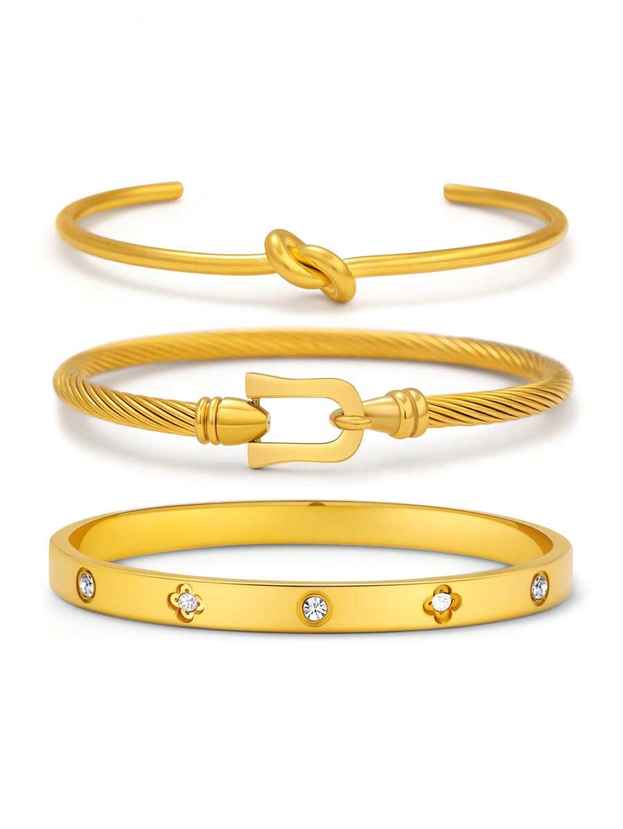 优雅锆石镶嵌幸运四叶草手链，时尚女士珠宝配饰，适合优雅的日常佩戴和派对饰品，是情人节、妈妈、母亲、母亲节、礼物的理想之选 - 金色 - 查看 1