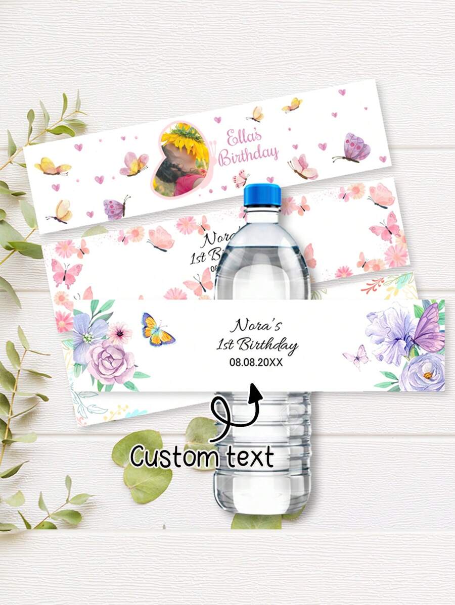 30 piezas de etiquetas personalizadas con mariposas para botellas, pegatinas de vinilo holográfico personalizadas para fiesta de cumpleaños - Multicolor - Ver 1