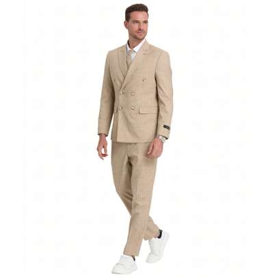Mens 2pc Skinny Fit Suit Peak Lapel Solid Textured Double Breasted Jacket With Matching Pants