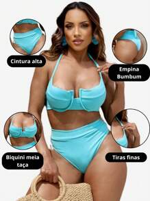 Women's High Waist Bikini Hots Pants High Waist Padded Bra - 薄荷藍 - 查看 7