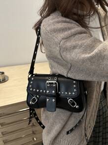 时尚铆钉女式单肩包、腋下包、新月包、带腰带夹的机车包 - 黑色 - 查看 8