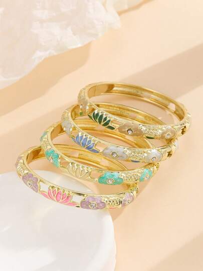 1pc Fashion Gold Plated Hollwo Out Retro Pattern Rhinestone Charms Enamel Cloisonne Bracelet Bangle Jewelry For Women Girls