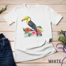 Vintage Retro Style Tropical Flowers Leaf Birds Toucans Unisex T-Shirt - White - View 1