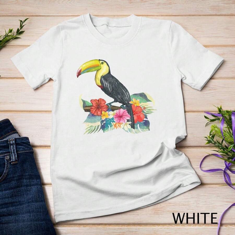Vintage Retro Style Tropical Flowers Leaf Birds Toucans Unisex T-Shirt - White - View 1