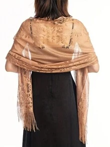 1 件女式花卉蕾丝边围巾披肩带流苏，柔软网状流苏披肩，适合婚纱、婚礼/派对晚礼服 - 純白色 - 查看 11