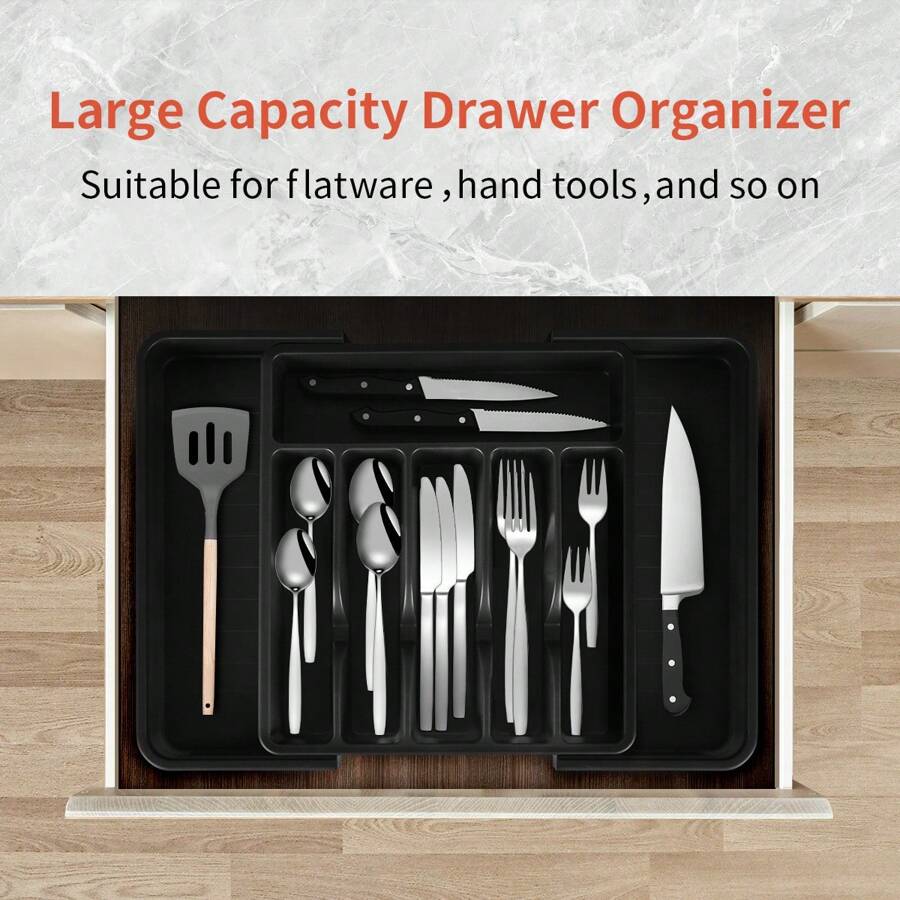 1 pieza Caja de almacenamiento plana para utensilios, de tamaño grande con tapa, organizador de cubiertos expandible, hecho de material de plástico PP, para encimera de cocina, cajón de gabinete, compartimentos de almacenamiento de cubiertos y herramientas