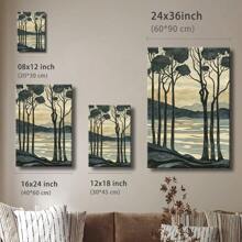 1 Pc, Art Nouveau Woodblock Print Of Trees And Water In The Style Of W, Original, Canvas, Wall Art, Living Room Wall Decorations, Bedrooms, Bathrooms, Frame Poster Art Prints, Hanging Paintings, Home Decoration, Festivals. Home 1 - Multicolor - View 4