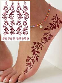 1pc Flower Temporary Tattoo For Women, Maroon Henna Tattoo Sticker For Double Hand And Fingers, Waterproof Fake Tattoo For Wedding Party And Festival - Multicolor - View 4