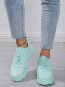 Women's White Sneaker, Casual Platform Shoes, Net Celebrity Style, Anti-Slip Thick Sole, Leather Upper Student Shoes - Green - View 5