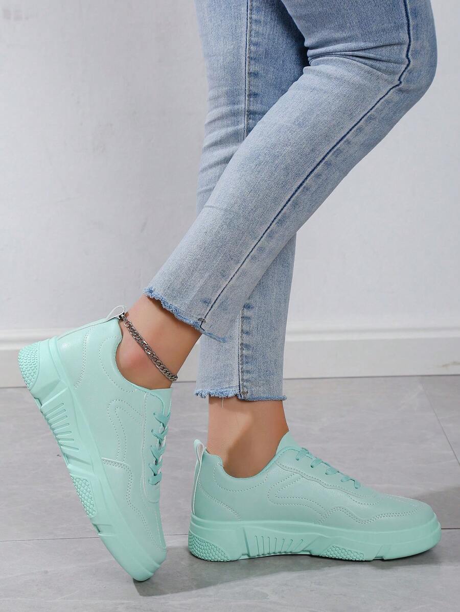 Women's White Sneaker, Casual Platform Shoes, Net Celebrity Style, Anti-Slip Thick Sole, Leather Upper Student Shoes - Green - View 1