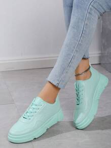 Women's White Sneaker, Casual Platform Shoes, Net Celebrity Style, Anti-Slip Thick Sole, Leather Upper Student Shoes - Green - View 4