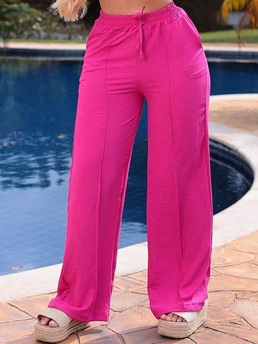Duna Wide Leg Women's Pantaloons With Elastic Waist And Pocket - Rose Red - View 1