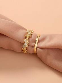 Tkool 2 Pcs Fashion & Delicate Korean Style Butterfly Element Copper Micro-Inlaid Zirconia Endless Adjustable Rings Set For Women - Yellow Gold - View 4