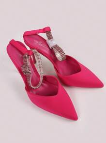 Pumps In Satin-Like Material With Rhinestone Bracelet Closure. Very Elegant 10cm Heel. Stylish High Heels - Hot Pink - View 3