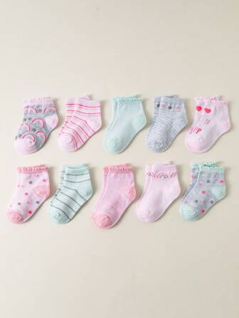 10 pares de calcetines de media pantorrilla y cortos absorbentes del sudor y resistentes al olor para niños, lindos y versátiles, para primavera, verano y otoño.