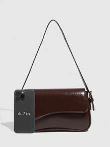 1 pieza Bolso de hombro de mujer minimalista de unicolor burdeos, bolso de solapa, bolso baguette, bolso de mano, bolso de axila, bolso cuadrado, bolso de textura de piel de PU, bolso de piel de patente con estampado de cocodrilo PU elegante y multifuncional, adecuado para llevar en la mano, al hombro, para el trabajo, los negocios, el transporte, al aire libre, los viajes, Tamaño del bolso: 27*15*6cm, Bolso burdeos de moda - Café integral - Ver 3