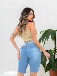 Women's Bermuda Jeans, High Waist, Covered Button, Shapes Butt - Light Wash - View 4