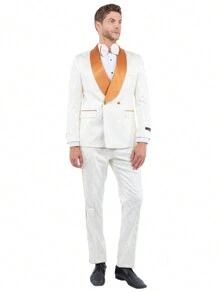 Mens 2pc Suit Satin Shawl Lapel With Paisley Jacket & Matching Pants For Weddings, Graduations, Prom, Etc - Ivory/Rust - View 1