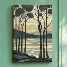 1 Pc, Art Nouveau Woodblock Print Of Trees And Water In The Style Of W, Original, Canvas, Wall Art, Living Room Wall Decorations, Bedrooms, Bathrooms, Frame Poster Art Prints, Hanging Paintings, Home Decoration, Festivals. Home 1 - Multicolor - View 2