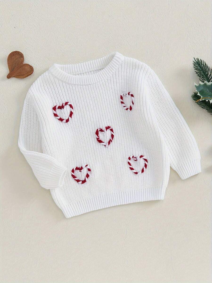 Suéteres navideños de manga larga para bebés, niños y niñas, con bordado de corazón y bastón de caramelo, de punto, en 4 colores, para otoño e invierno - Blanco - Ver 1