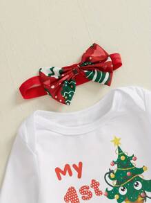 Baby Girls Rompers Dress Christmas Clothes Letter Christmas Tree Print Skirt Hem Bodysuits With Headband, Shoes, And Leg Warmers