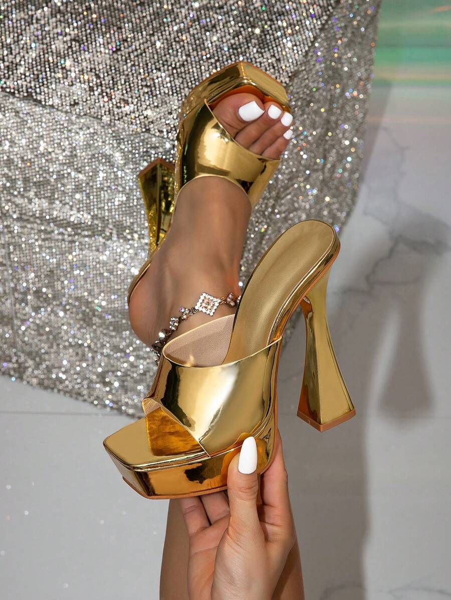 Women's High Heel Thick Platform Chunky Heel Fashion Square Toe Gold Decor Transparent Glamorous Party Stiletto High Heel Sandals, Suitable For Outdoor Wear - Gold - View 1