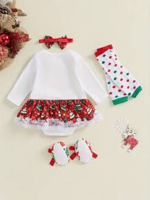 Baby Girls Rompers Dress Christmas Clothes Letter Christmas Tree Print Skirt Hem Bodysuits With Headband, Shoes, And Leg Warmers