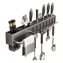 Organizador de Cocina de Pared Multifuncional, Soporte para Cuchillos, Utensilios y Toalla con Ganchos, Ahorra Espacio y Mantén Todo Ordenado - Gris Metalico - Ver 6