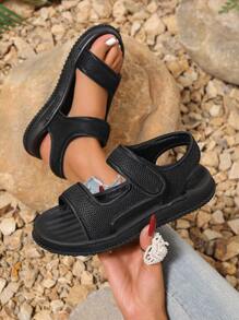 1 Pair Summer New Casual Flat Sandals, Breathable Mesh Soft Bottom Non-Slip Beach Shoes For Teenagers - Black - View 4