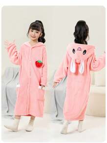 1pc Kids Bathrobe For Swimming, Cute Pink Rabbit & Strawberry Hooded Loose Fit Children Bathwrap - Pink - View 8