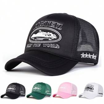 1pc Men's Five-Pointed Star Embroidered Trucker Hat, Fashion Element Baseball Cap For Outdoor Sun Protection, Casual, Traveling, Beach, Spring/Autumn