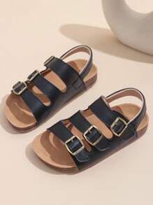 1 Paar schwarze Sandalen für Kleinkind/Babys in großer Größe, Komfortabler römischer Stil, PU-Riemen mit verstellbarem Metallschnallenverschluss, runde Zehenkappe, rutschfeste Gummisohle, modisch niedliche flache Sandalen für Jungen und Mädchen von 3-12 Jahren, für Alltag, Outdoor, Urlaub, Frühling/Sommer