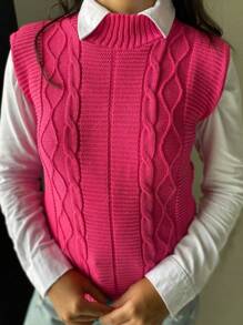 Women's Knitted Vest Braid Max Vest Overlay Knit Fashion Blogger - Rosa Fucsia - Ver 2
