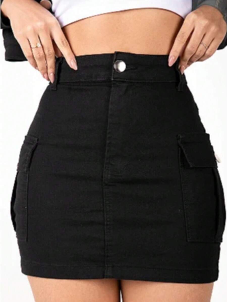 Black Cargo Jeans Skirt With Elastane And Pockets - Black - View 1