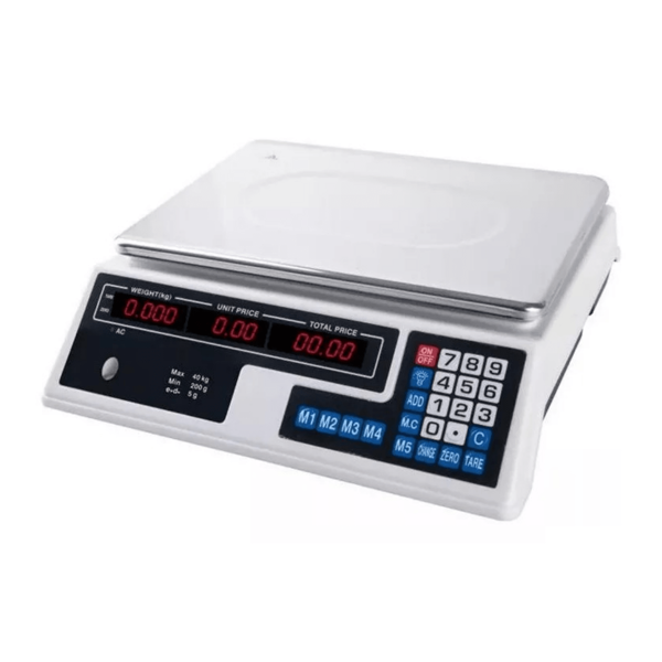 Báscula Digital de Cocina y Comercio 40kg/5g con Pantalla LCD Iluminada, Charola de Acero Inoxidable, Doble Voltaje 110/220V