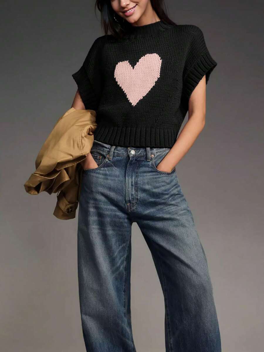 Womens Short Sleeve Sweater Heart Mock Neck Crop Knitted Tops Casual Streetwear For Daily Office Party
