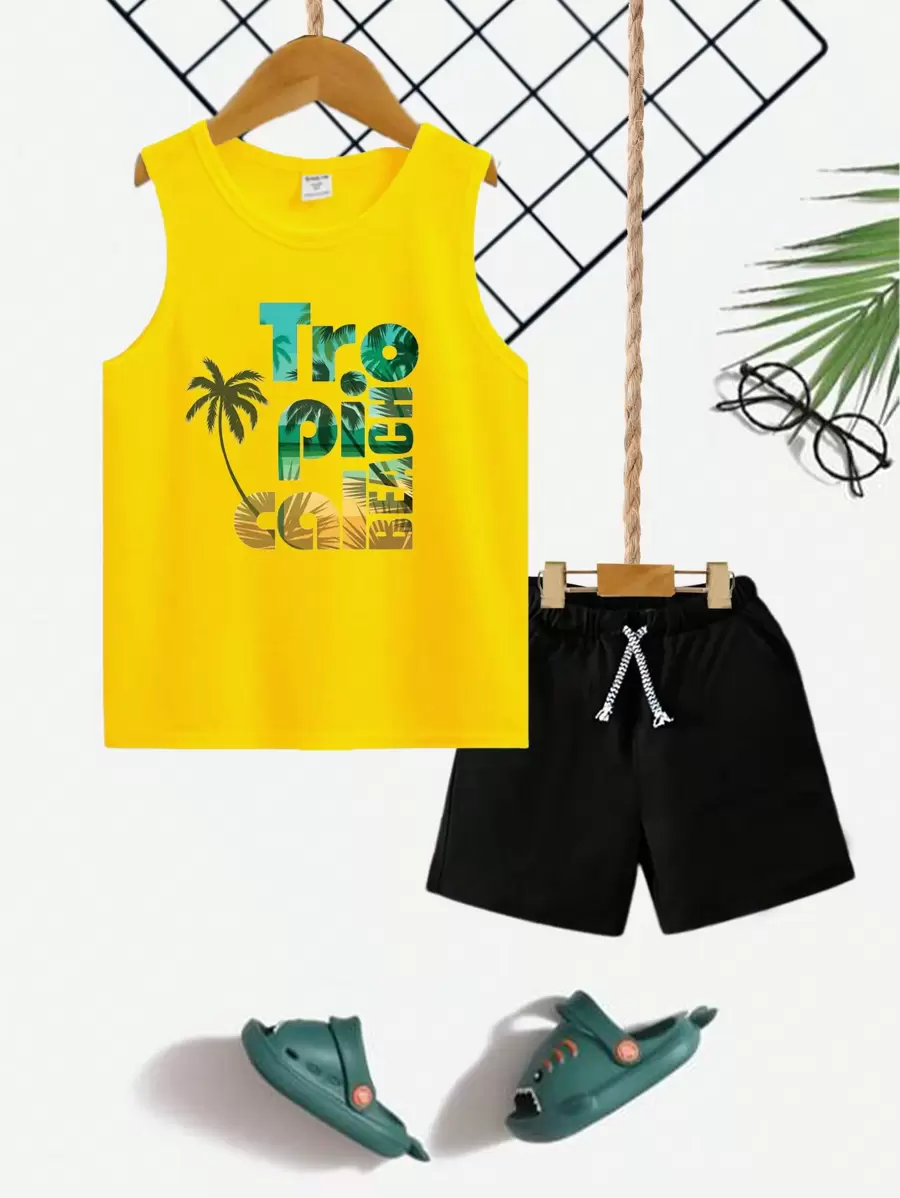 Children's Set Boy Tropical Beach T-Shirt And Bermuda Shorts Clothes - 黃色 - 查看 1