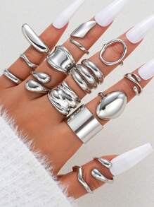 17KM 13 件/14 件简约宽面几何粗珠宝戒指套装，适合女性度假、约会、日常休闲装的礼物