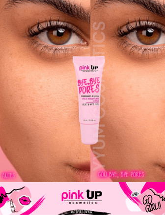 Bye Bye poros Minimizador de poros Pink Up ORIGINAL Efecto aterciopelado Matifica Velvet & Matte Finish libre de brillo facial anti-estetico  Piel lisa y uniforme, Máxima hidratación