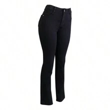 Pantalón recto de mezclilla negro para mujer con bolsas bordadas y pretina de un botón - Negro - Ver 4