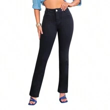 Pantalón recto de mezclilla negro para mujer con bolsas bordadas y pretina de un botón - Negro - Ver 1