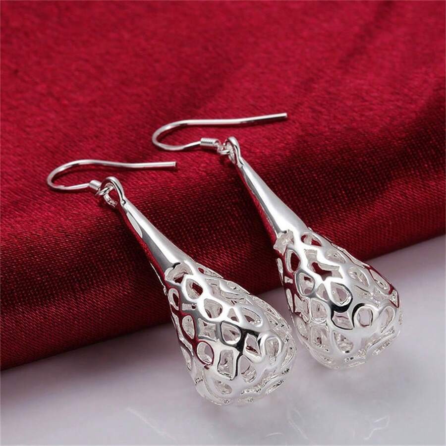 Elegant 1 Pair Charm 925 Sterling Silver Plated Exquisite 3D Water Drop Drop Earrings Fashion Women Charm Wedding Party Birthday Gift Jewelry