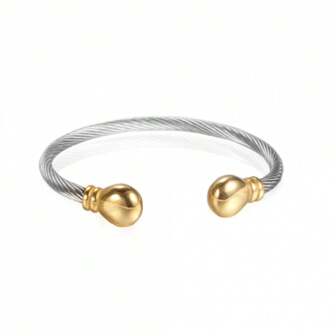 18K Gold Plated Stainless Steel Women's Two-Tone Open Cuff Bracelet, High Quality