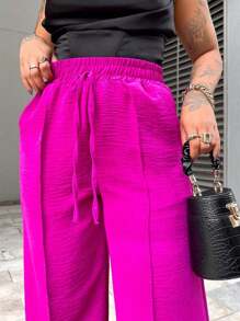 Duna Women's Wide Leg Pants With Elastic Waist And Pockets, High Waist - 玫瑰紅 - 查看 1